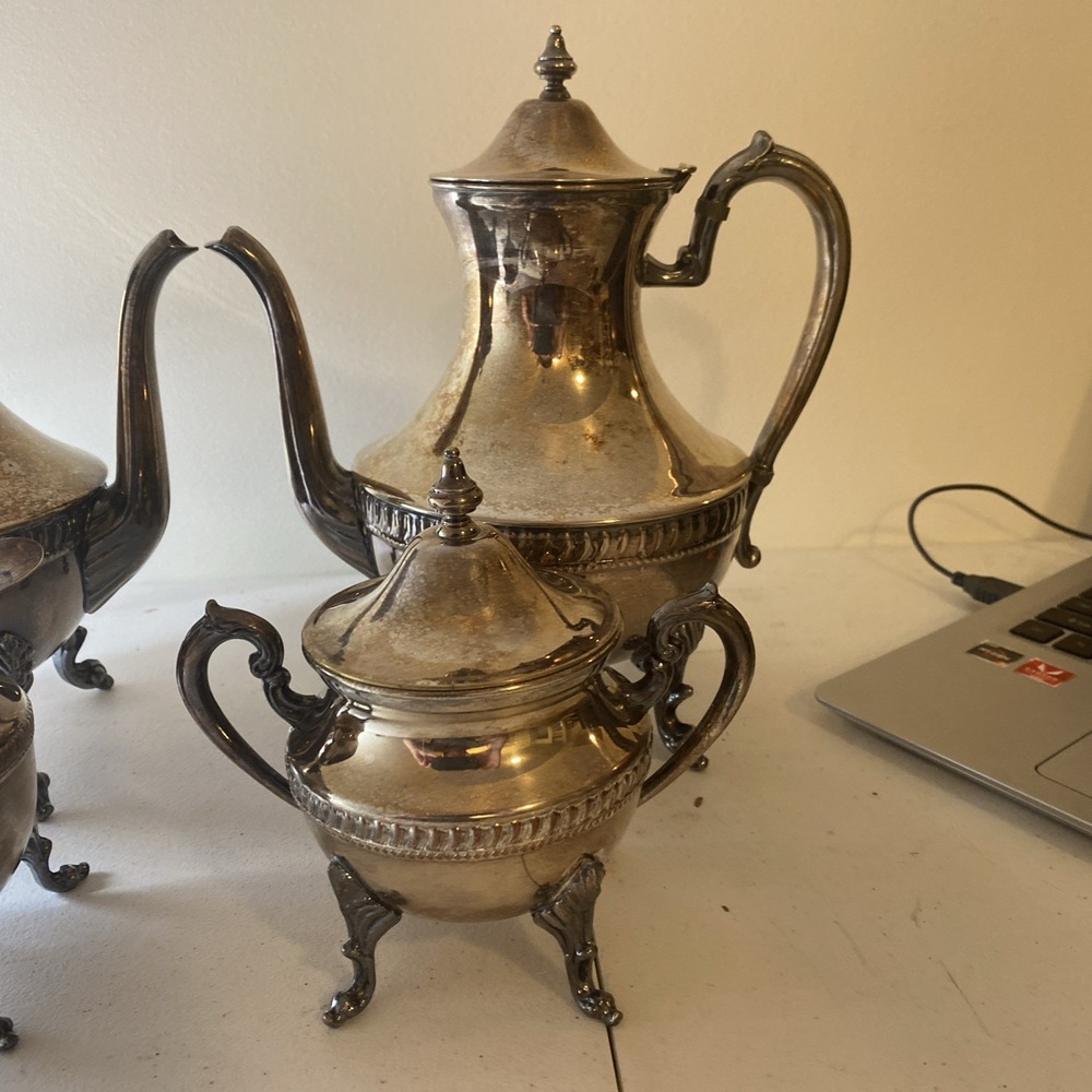 Victorian Silverplate Tea Coffee Set Ornate Silver on Copper Creamer Sugar Bowl - Picture 3 of 4